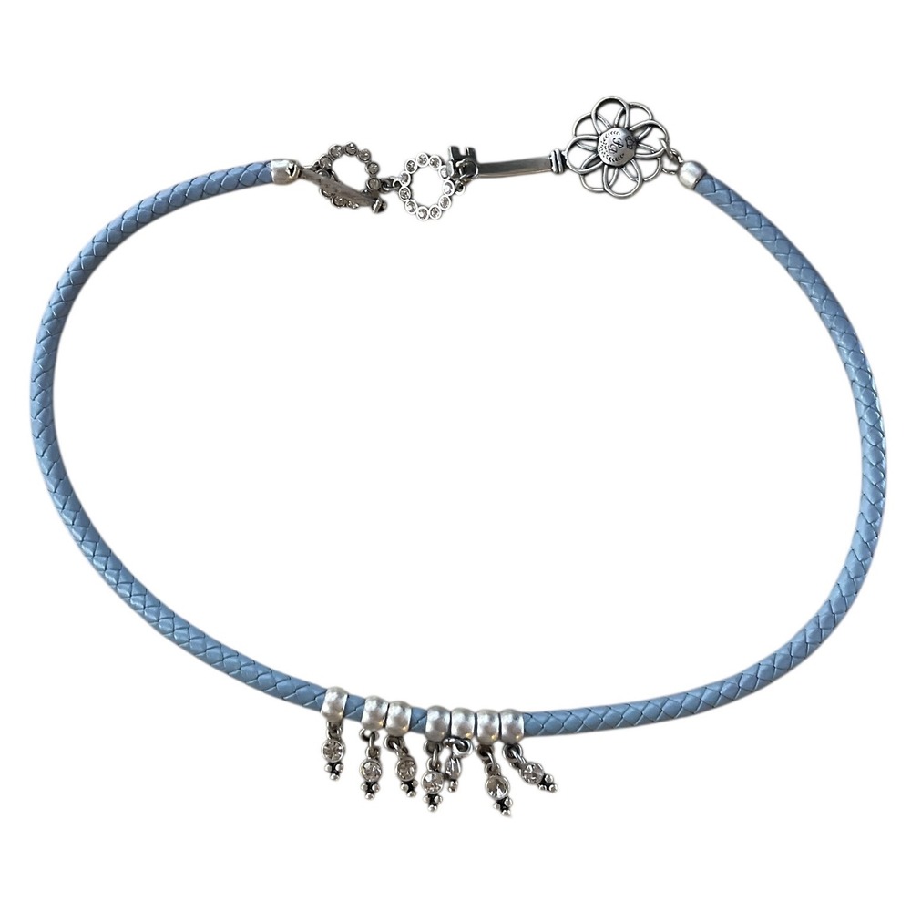 Women's Blue Faux Leather Choker Necklace with Key and Flower Charms - Picture 4 of 5